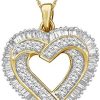 14K Gold over Silver Heart Rope Chain Necklace with 1.00 Carat White Diamonds