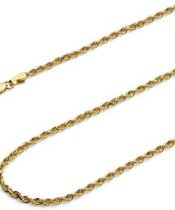 14k Real Gold 2mm Rope Diamond Cut Chain Necklace with Lobster Claw Clasp