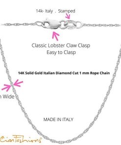 14K White Gold Italian Diamond Cut 1 mm Rope Chain with Lobster Claw Clasp