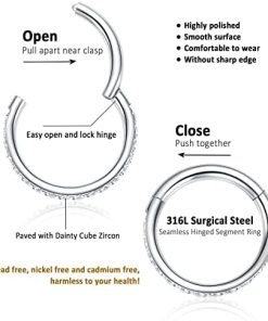 Clear CZ Nose Rings Hoops-16G Surgical Steel Hinged Hoop Nose Ring(8mm 9mm 10mm)