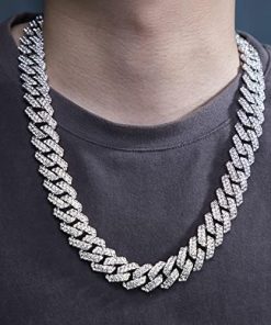 Silver Cuban Chain Necklaces With Iced Out Diamond