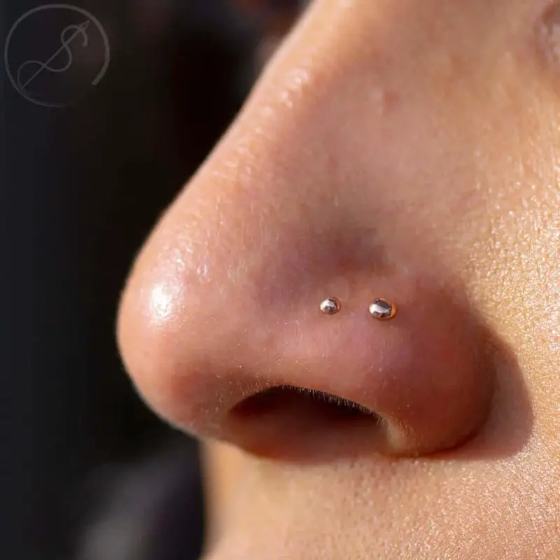 Double nostril piercing with barbells