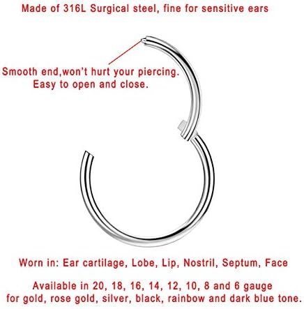 316l Surgical Steel Hinged Nose Rings Hoop-20G, 18G, 16G, 14G, 12G, 10G, 8G, 6G