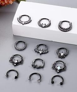 16G Black Stainless Steel Septum Rings Set - 12Pcs 16G Daith, Nose, Cartilage, Tragus Earrings with CZ Opal