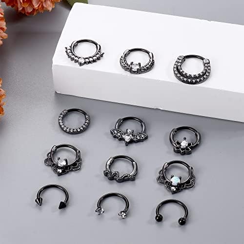 16G Black Stainless Steel Septum Rings Set - 12Pcs 16G Daith, Nose, Cartilage, Tragus Earrings with CZ Opal