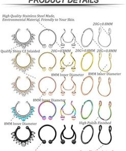25Pcs Stainless Steel Fake Septum Nose Ring for Men Women-Lip Ear Septum Ring Non-Pierced